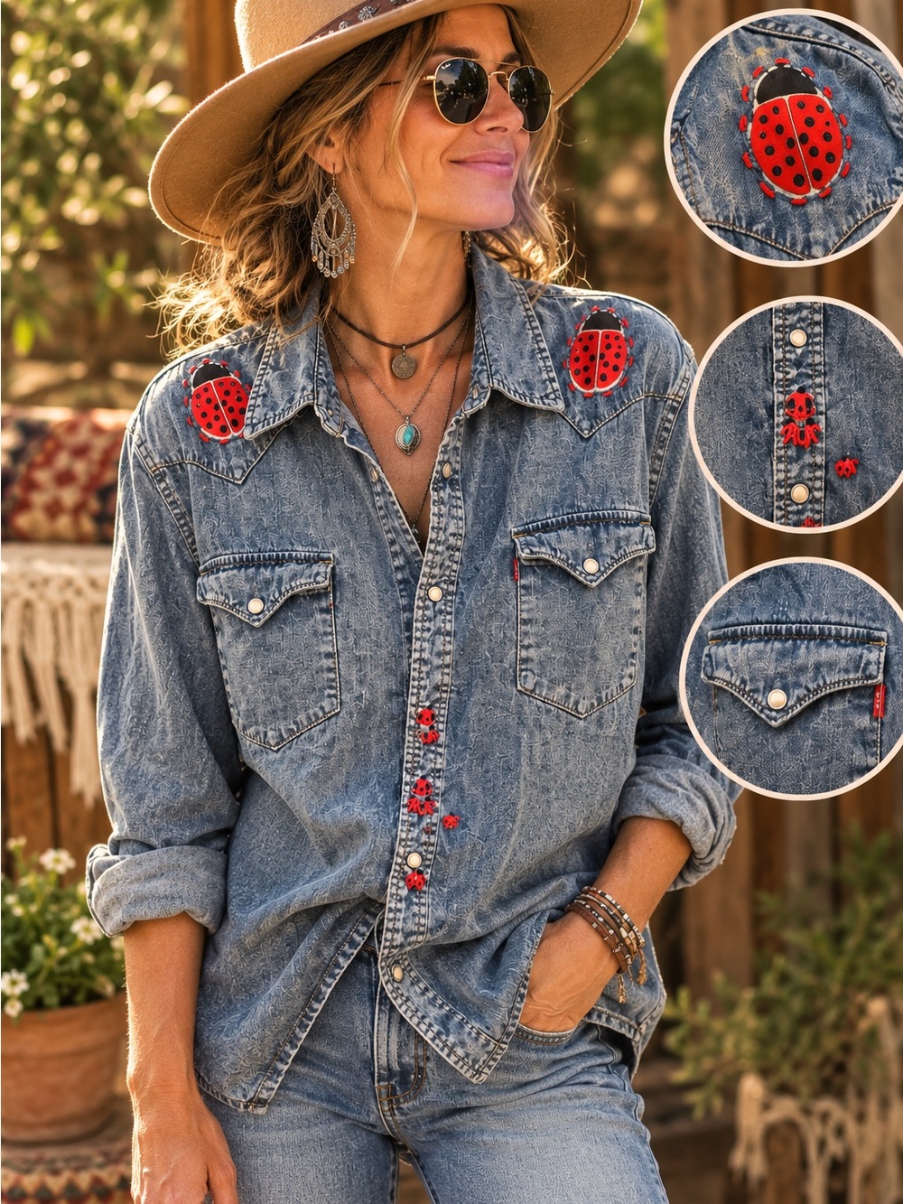 UPCYCLED Levi's Blue Denim Button-Down Shirt with Red Ladybug Embroidery